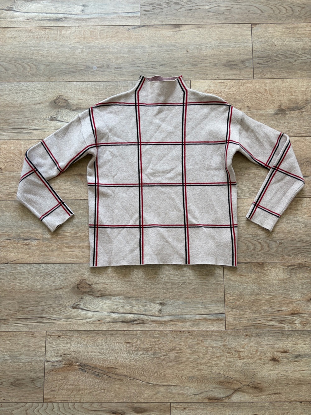 Tahari Cream Windowpane Crewneck Sweater with Red & Black Trim
